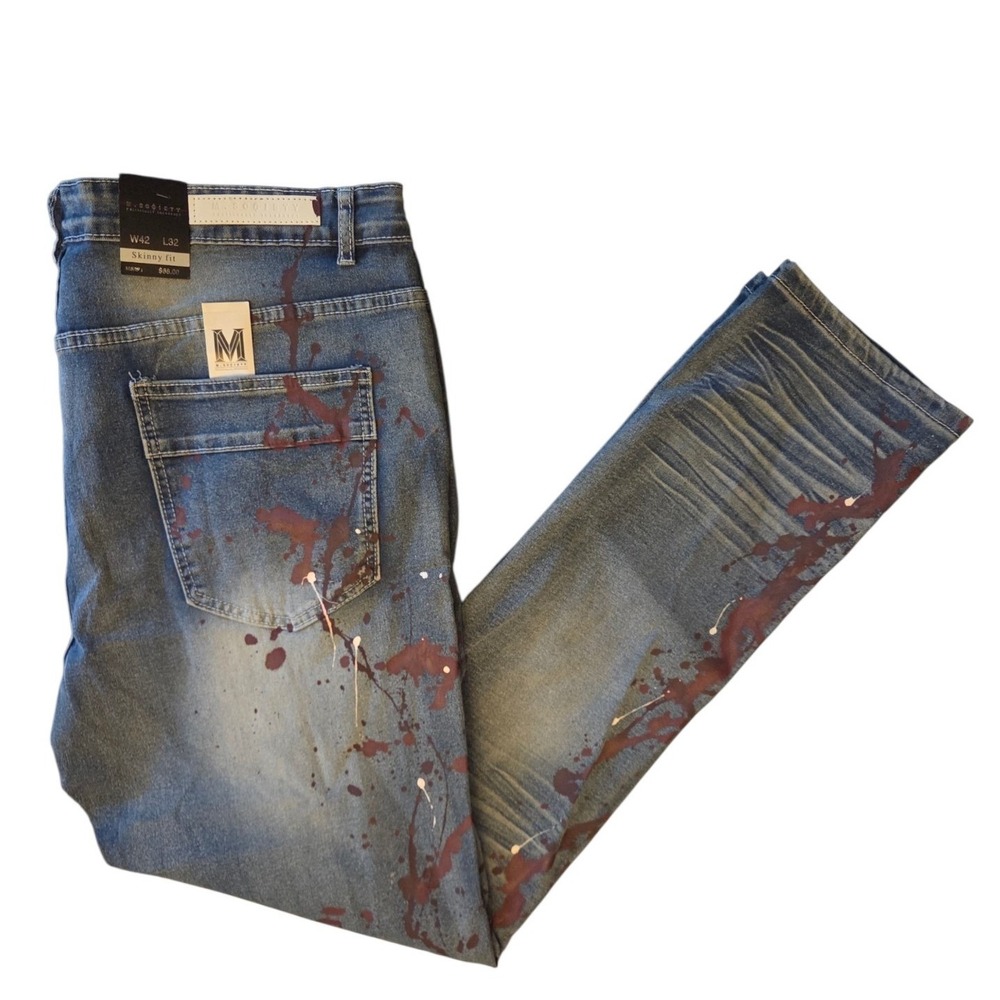 M. Society Men Blue Distressed Paint Splatter Skinny Jeans MS-13185 42x32 NEW